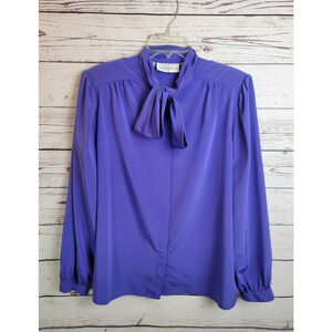 Vtg Josephine Woman Button Up Blouse Purple Tie Neck Long Sleeve Women's Size 40